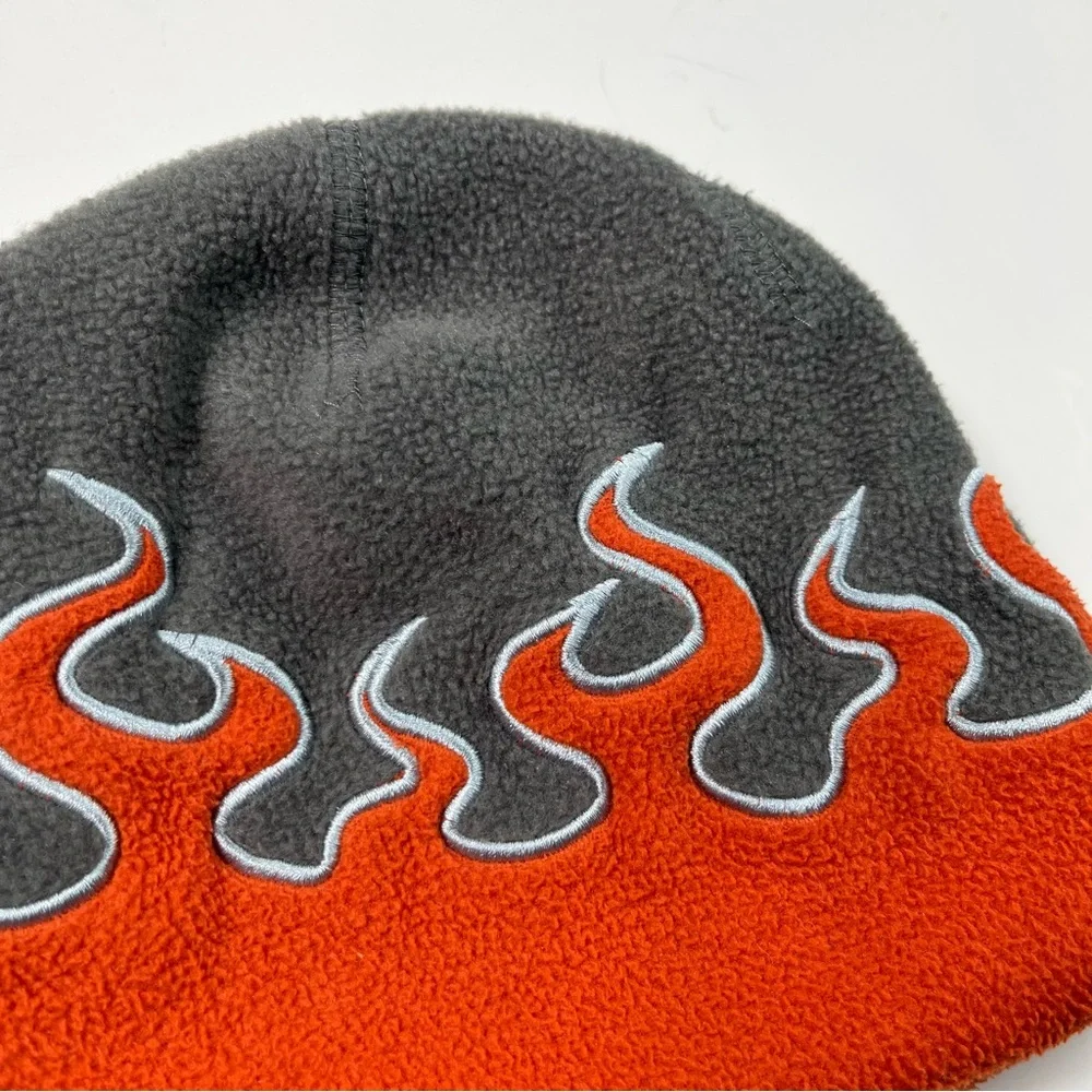 L.L.Bean Vintage Y2K Fleece Gray Orange Embroidered Flame Beanie Hat Youth M - Picture 2 of 8
